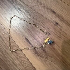 Blue agate and gold leaf charm necklace 925‎ stamped 17 in handmade unique